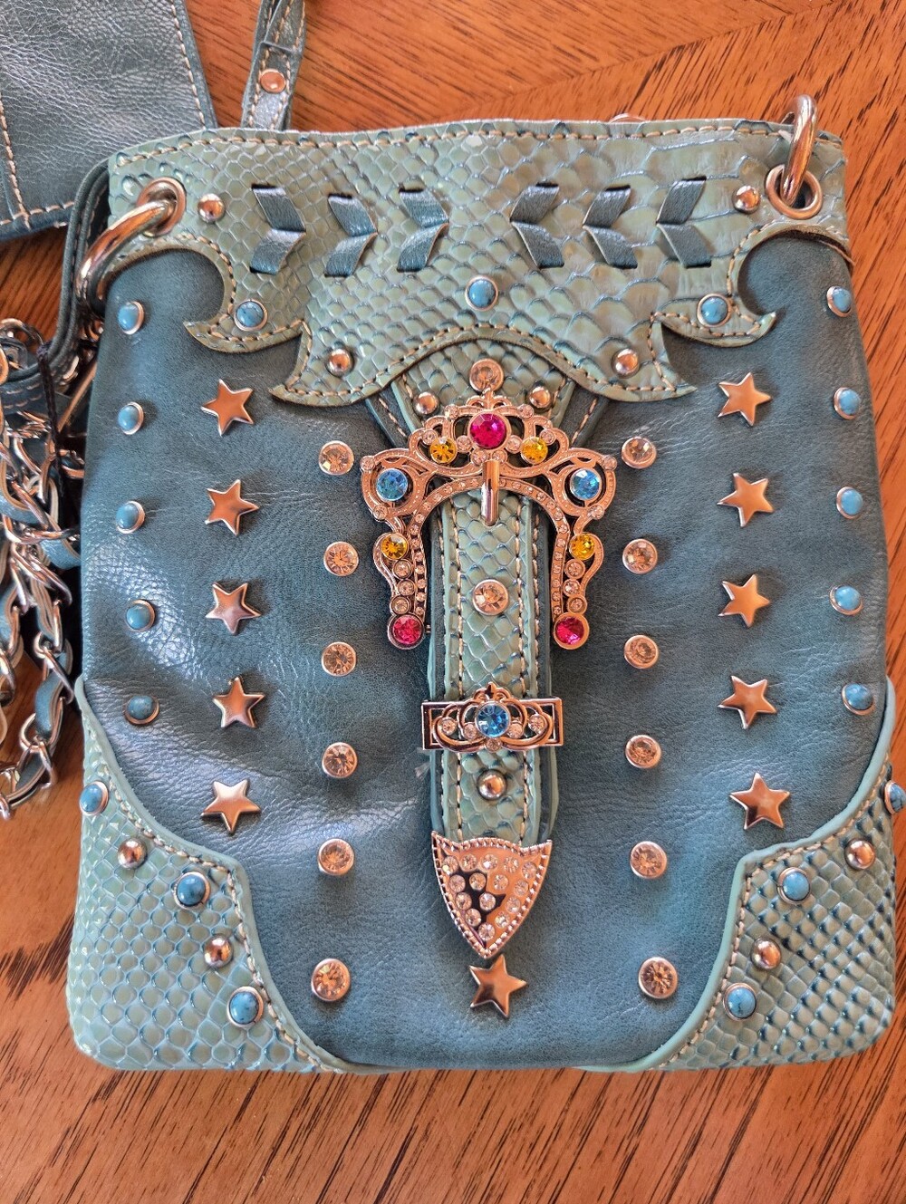 NWT Cowgirl Trendy Turquoise Embellished Crossbody Bag With Cardholder